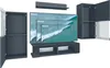 A modular living room furniture set, including a TV stand, two display cabinets, and a shelf, with televisions of different sizes superimposed on the TV stand. Produktbild-Vorschau