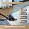 A vacuum cleaner head is shown cleaning different types of floor surfaces, with text overlays explaining its dynamic intake for various floor types and its suitability for high-pile carpets. Produktbild-Vorschau