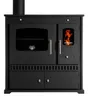 A black wood-burning stove with a glass door on the left and a smaller glass door on the right showing flames. Anteprima dell’immagine prodotto