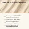 A close-up of fine, light-colored powder with text overlay describing collagen benefits. Produktbild-Vorschau