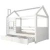 A white wooden house-shaped bed frame with two drawers underneath, shown from a three-quarter angle. Podgląd zdjęcia produktu