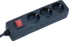 A black power strip with three sockets and a red on/off switch is shown against a white background. Produktbild-Vorschau