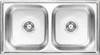 A top-down view of a new, double-basin stainless steel kitchen sink with drains. Podgląd zdjęcia produktu