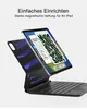 A black iPad case with a keyboard is shown attached to an iPad, with the screen displaying a colorful interface. Blue light effects emanate from the case, suggesting functionality. Náhled obrázku produktu