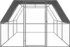 A front view of an outdoor chicken coop with a peaked roof and a central door. Náhľad obrázku produktu