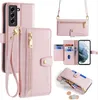 A collage of images showcasing a pink leather phone case with a wallet and crossbody strap. Produktbild-Vorschau