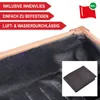 A close-up view of a wooden raised garden bed lined with dark fabric, with inset image showing the fabric material. Produktbild-Vorschau