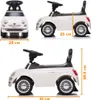 A collage of images showing a white ride-on toy car with dimensions indicated by text and lines. Náhled obrázku produktu