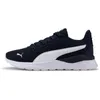 A side view of a navy blue Puma sneaker with a white stripe and sole, set against a white background. Produktbild-Vorschau