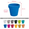 A blue flower pot with dimensions and capacity indicated, followed by a row of various colored flower pots. Produktbild-Vorschau