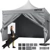 A woman is walking with a rolled-up tent bag next to a large gray pop-up tent. Several smaller fabric pieces and a tent frame are laid out at the bottom of the image. Podgląd zdjęcia produktu