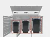 A diagram showing three different sizes of trash bins within a trash bin enclosure, with labels indicating their capacities. Podgląd zdjęcia produktu
