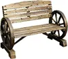 A wooden bench with wagon wheels as armrests, presented on a white background. Produktbild-Vorschau