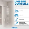 A showerhead with water flowing, presented with marketing text highlighting product benefits. Produktbild-Vorschau