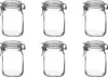 Six clear glass jars with silver lids are arranged in two rows of three on a white background. Produktbild-Vorschau