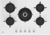 A top-down view of a white gas stovetop with five black burners and silver control knobs at the bottom. Voir les images du produit