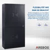 A product image showing a black metal cabinet with text overlay about its features. Náhľad obrázku produktu