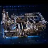 A detailed mechanical model with intricate gears and tubes, illuminated by blue lights. Produktbild-Vorschau