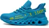 A blue athletic shoe with yellow text on a white background. Produktbild-Vorschau