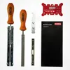 A collection of Oregon chainsaw sharpening tools laid out on a white background. Produktbild-Vorschau