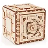 A 3D wooden puzzle shaped like a safe, shown from a three-quarter angle against a white background. Produktbild-Vorschau