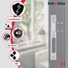 A close-up of a door lock mechanism with marketing icons and text on the left side. Produktbild-Vorschau