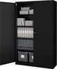 An open black metal filing cabinet filled with office supplies. Voir les images du produit