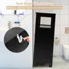 A black bathroom cabinet is shown next to a toilet and sink, with a close-up inset demonstrating an anti-tip device. Voir les images du produit