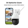 A Reolink PTZ security camera is shown next to a smartphone displaying a split screen of house exteriors, with text highlighting the camera's 5X optical zoom feature. Produktbild-Vorschau