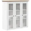 A white cabinet with glass doors and a brown top. Voir les images du produit