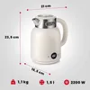 A white electric kettle with dimensions and specifications indicated by overlaid text and graphics. Podgląd zdjęcia produktu