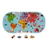 A world map puzzle with various animals and people depicted on different continents, with additional vehicle pieces below. Produktbild-Vorschau