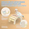 A baby is playing on a wooden climbing arch, with text overlays describing the product's features and benefits. Náhľad obrázku produktu