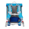 The back of a blue backpack with gray straps and padding. Voir les images du produit