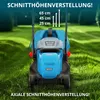 A blue electric lawnmower is shown in a grassy yard with text overlays indicating cutting height adjustments. Náhled obrázku produktu