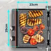 A top-down view of an electric grill with food being cooked on it, with dimensions indicated. Voir les images du produit