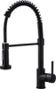 A black kitchen faucet with a coiled hose and a pull-down sprayer is shown against a white background. Náhled obrázku produktu