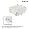 Diagrams and dimensions of a white coffee table with glass top and drawers. Voir les images du produit