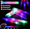 Several LED foam sticks are displayed, with text overlay describing their flashing modes and battery life. Náhled obrázku produktu