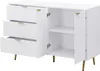 A white sideboard with three drawers and two doors, open to reveal shelves. It has gold-colored handles and legs. Podgląd zdjęcia produktu
