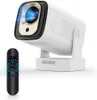 A white mini projector with a gold accent around the lens, shown with a black remote control in front of it. The projector is on a white stand. Produktbild-Vorschau