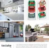 A collage of four images showing a kitchen, a storage rack with crates, a workshop, and a patio with a grill. Náhled obrázku produktu
