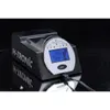 A black battery charger with a silver circular display and a blue screen, set against a black background. Produktbild-Vorschau