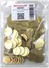 A clear plastic bag filled with numerous round, gold-colored tokens, each with two parallel horizontal lines etched into its surface. A white label with product information is attached to the top of the bag. Produktbild-Vorschau