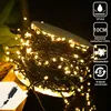 A spool of warm white LED fairy lights with a power adapter and several informational icons on the right side. Náhľad obrázku produktu
