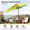 A woman sits on a balcony with a table and chairs, under a large green umbrella. Produktbild-Vorschau