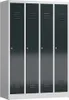 A four-door metal locker unit with a light gray frame and dark gray doors, presented in a studio setting. Produktbild-Vorschau