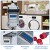 A collage of images showing a mobile digital electricity meter and its components, set in a laundry room context. Produktbild-Vorschau