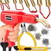 A hand holding a red plastic welding tool with various accessories like staples, pliers, and a utility knife. Produktbild-Vorschau