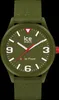 A close-up studio shot of a green analog watch against a black background. Voir les images du produit